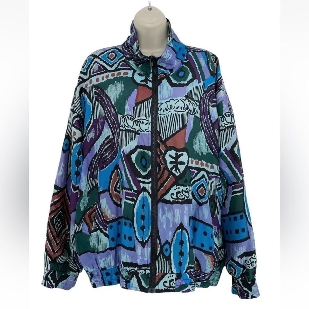 Bogari Woman's Sz XL Vintage Blue Purple Silk Bomber Jacket Windbreaker
